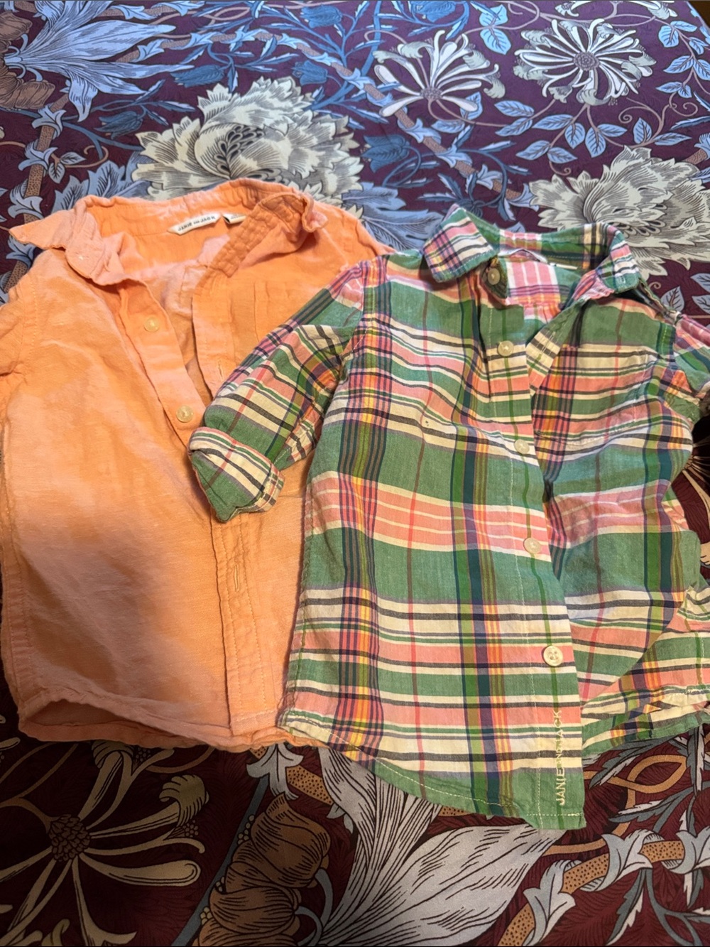 Janie and Jack Peach Button-Up & Green Plaid Shirt Set
